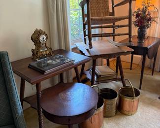 Multiple carved oak tables