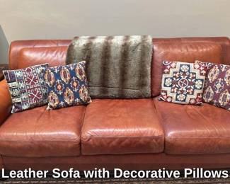 Leather Sofa with Decorative Pillows 