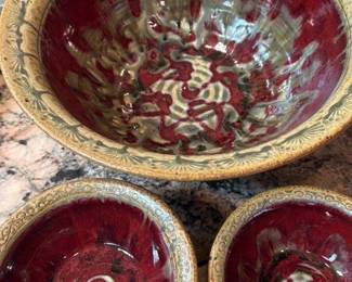 Set of 3 Ceramic Bowls with Red and Tan Glaze