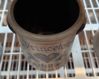 Primitive Stoneware Crock with "Princeton, NJ" and Heart Motif 