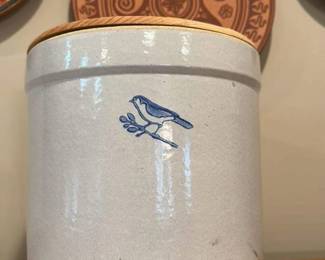 Antique Stoneware Jug with blue Bird Decoration 