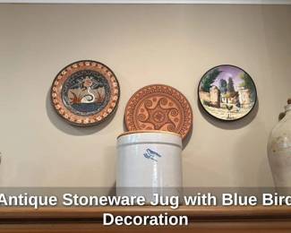 Antique Stoneware Jug with Blue Bird Decoration 