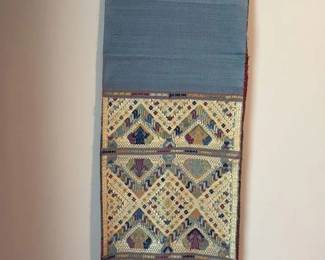 Antique Thai Silk Textile With Wooden Display Stand 