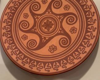 Terracotta Ceramic Plate with Geometric and Spiral Motifs