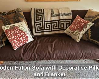 Wooden Futon Sofa with Decorative Pillows and Blanket 