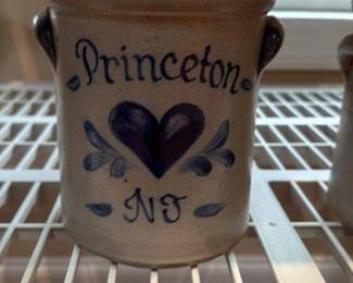 Primitive Stoneware Crock with "Princeton, NJ" and Heart Motif 