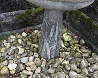 Concrete Birdbath with Reeds and Dragonflies 