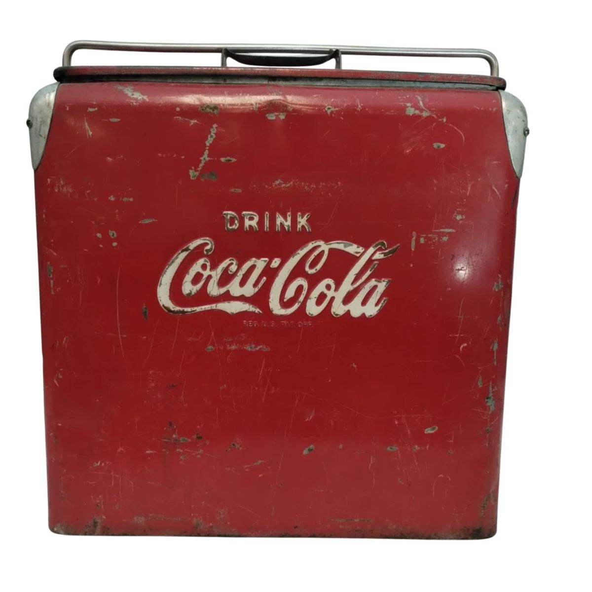 Vintage 1950s Metal Coca-Cola Ice Cooler Red Drink Opener On Side