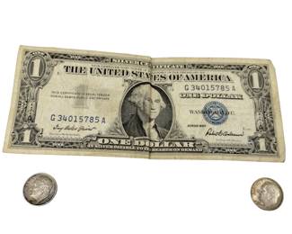 Vintage US Coins Bill 1957 Blue Silver Certificate 1949 1962 Roosevelt Dimes .900 Silver