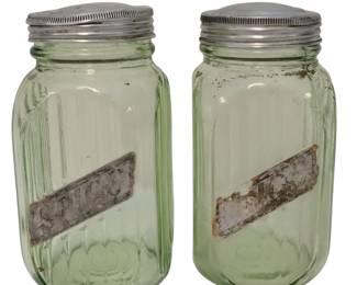2 Uranium Glass Green Vaseline Hoosier Cabinet Spice Jars Indiana