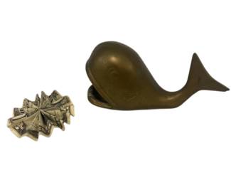 Brass Whale Paperweight Ashtray + Authentic US $10 Bill Ornament Fan Folded