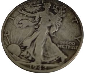Vintage Silver Coin 1942 Walking Liberty US Half Dollar 90% .900