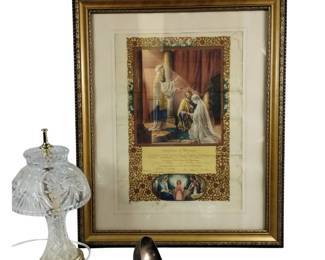 1951 Ornate Marriage Certificate Gold Frame Crystal Lead Glass Budoir Lamp