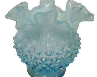 Fenton Blue Hobnail Round Ruffled Vase Opalescent