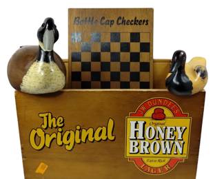Carved Wood Mallards Decoys & Honey Brown Lager Beer Checkers Crate
