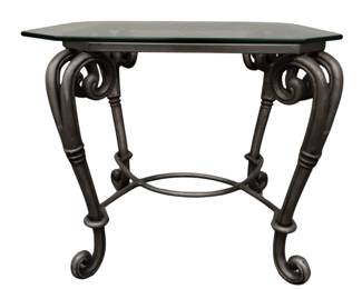Glass Top End Table Silver Scroll Base Patina