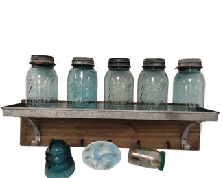 Rustic Shelf Vintage Blue Ball Jars Galvanized Porcelain Lids & More