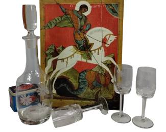 Vintage Carved Glass Decanter & Stems MCM +Russian Print
