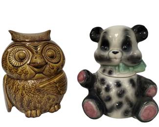 Panda Teddy Bear & MCM Owl Cookie Jar McCoy Green Bow