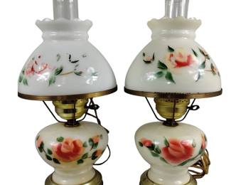 Vintage Oil Lamp Style Table Lamps Milk Glass Hand Painted