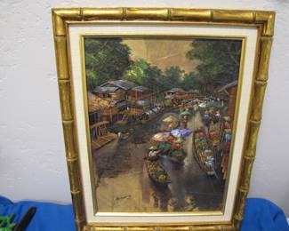 A very famous Asian artist using sand and leaves as a base for the paint creating an unusual effect.