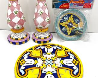 Italian Ceramic Candlesticks, Trivet & New Plate With Matching Wine Stopper
Lot #: 136