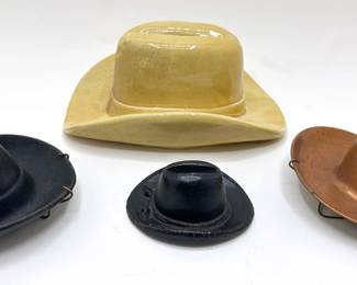 4 Vintage Cowboy Hats: Ceramic Coin Bank, 2 Cast Iron & Copper
Lot #: 133