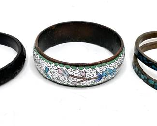 4 Vintage Bangle Bracelets Including Cloisonne, Turquoise Inlay & Carved Wood
Lot #: 109