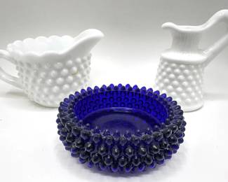 2 Vintage Milk Glass Hobnail Creamers & Cobalt Glass Hobnail Bowl
Lot #: 64