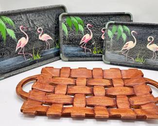 Set 3 Stacking Wood Flamingo Trays With Metal Corners & Carved Wood Tray Made To Look Like Basket
Lot #: 83