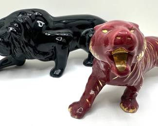 Mid Century Modern Ceramic Black Lion Sculpture & Red Tiger With Gold Accents, With High Gloss Glaze
Lot #: 29