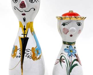 Pair Vintage Italian Guildcraft Hand Made Salt & Pepper Shakers Of King & Queen With Gold Accents
Lot #: 51
