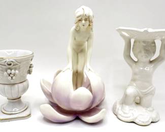 Art Deco Girl In Lotus Flower Figurine, Italian Urn & Cherub Pedestal Soap Dish
Lot #: 107