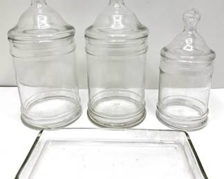 3 Vintage Apothecary Jars With Lids & Small Glass Tray
Lot #: 74