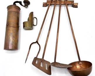 Vintage Copper Coffee Grinder With Scoop & Set 4 Copper Cooking Tools On Wall Rack, Never Used
Lot #: 34