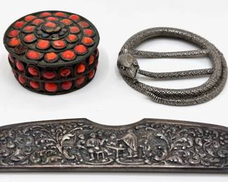 Small Vintage Indian Trinket Box, Snake Belt Buckle & English Comb Holder
Lot #: 126