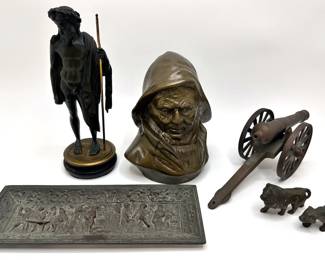 Vintage Cast Iron & Bronze Figurines, Cannon, Tray & Animals
Lot #: 103