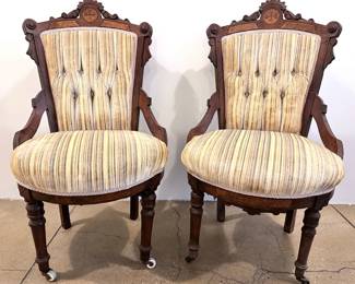 Pair Vintage Carved Wood Side Chairs With Velvet Upholstery With Added Wheels
Lot #: 3