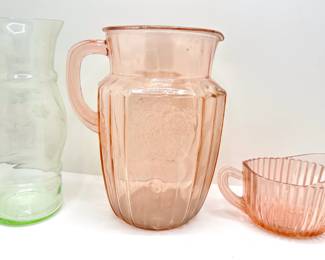 Vintage Depression Glass Pitcher & Creamer & Etched Glass Vase
Lot #: 76