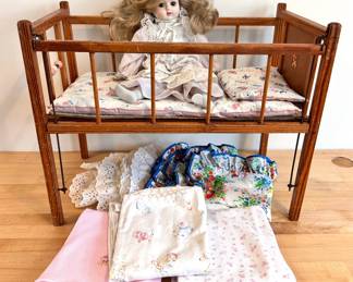 Vintage Wood Doll Bed With Doll, 4 Baby Pillow Covers & 3 Baby Blankets
Lot #: 102