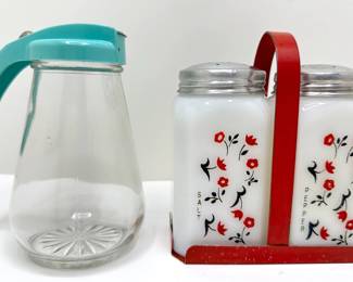 Vintage Diner Tableware: Syrup Dispenser & Milk Glass Salt & Pepper Shakers In Metal Caddy
Lot #: 123