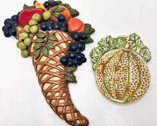 Vintage Chalkware Cornucopia Wall Hanging & Cantalople Melon Spoon Rest
Lot #: 100