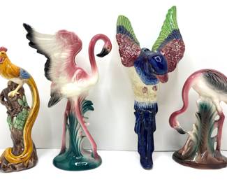 4 Vintage Majolica Bird Figurines & Wall Hanging: Flamingos, Long Tailed Rooster & Parrot
Lot #: 106