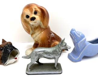 Mid Century Dogs: McCoy Dachshund Planter, Royal Copley Spaniel, Bulldog Ashtray & Metal German Shepard
Lot #: 138