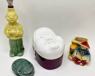 Vintage 1950s Laundry Sprinkler Of Chinese Man, Face Trinket Box, Stone Egyptian Scarab & Toothpick Box
Lot #: 114