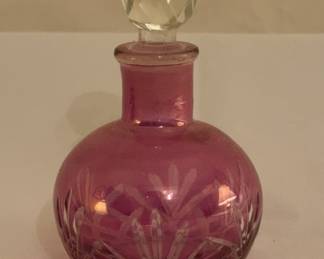 Vintage 1940s Glass Etched Cut Perfume Bottle Cranberry Rose Cut To Clear With Stopper