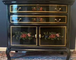 Beautiful Black Laqueur Chest of Drawers with Floral Asian Paint