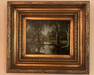 Framed Scene of Fisherman Tall Birds