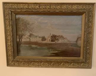 Framed Painting of Church Reflected in Water Signed Gibson