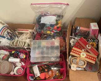 Mystery Lot of Fiber Arts Supplies Fabric, Buttons, Tools  More